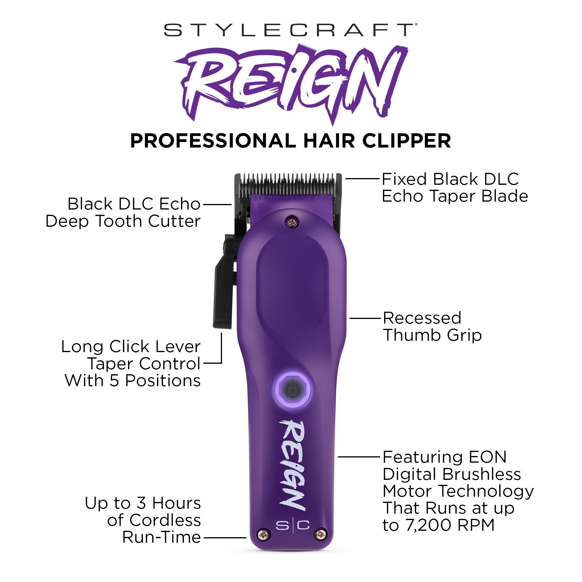 StyleCraft Reign EON Digital Brushless Motor Cordless Clipper - Purple (SC620P) Position 18