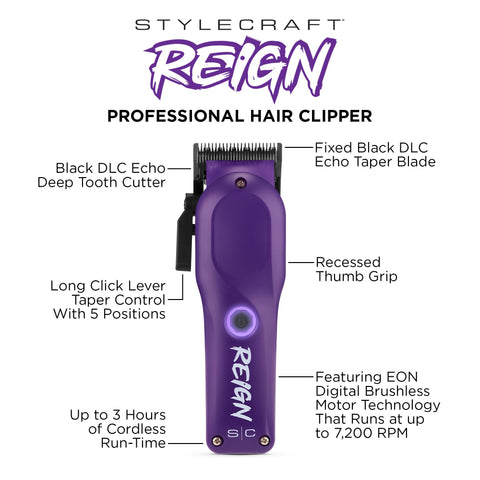 Image of StyleCraft Reign EON Digital Brushless Motor Cordless Clipper - Purple (SC620P) Position 18