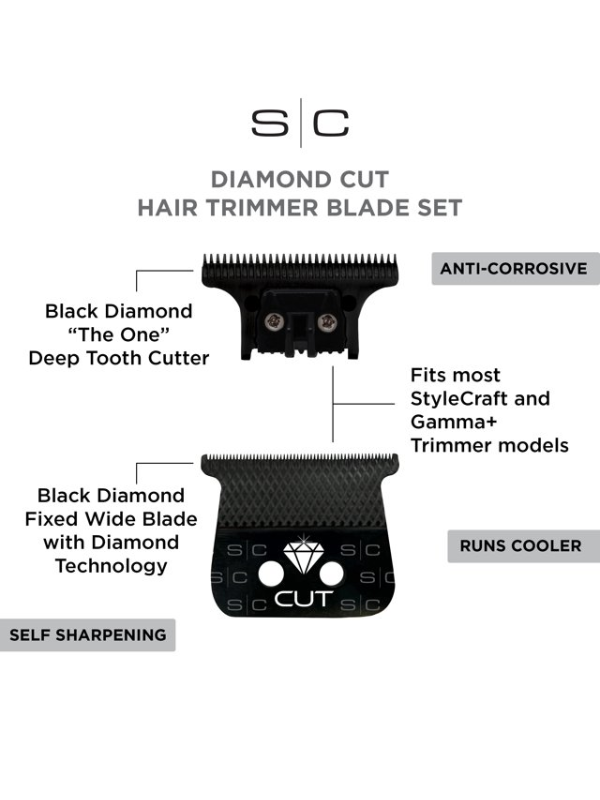 StyleCraft Diamond Cut Fixed Black Diamond DLC Hair Trimmer Blade with The One Cutter Set Replacement Blade Position 4